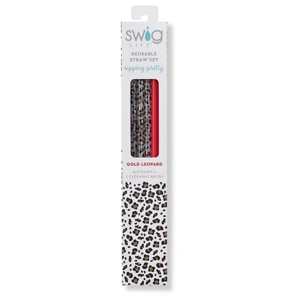 Swig Life NWT Reusable Gold Leopard + Red Tall Straw Set